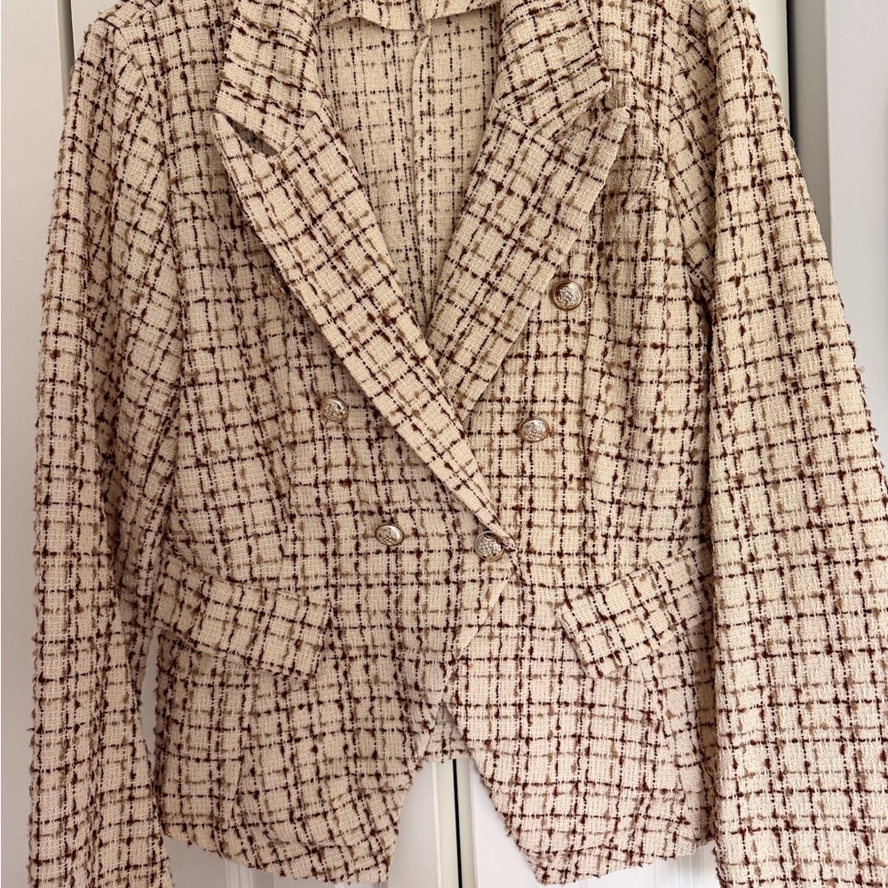 VENUS Cream Tweed Double-Breasted Blazer with Brown Windowpane